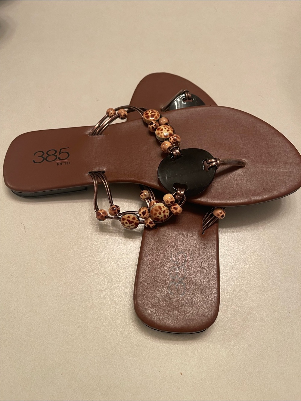 385 Fifth Brown Beaded T-Strap Sandals with Decorative Accents - Picture 2 of 4